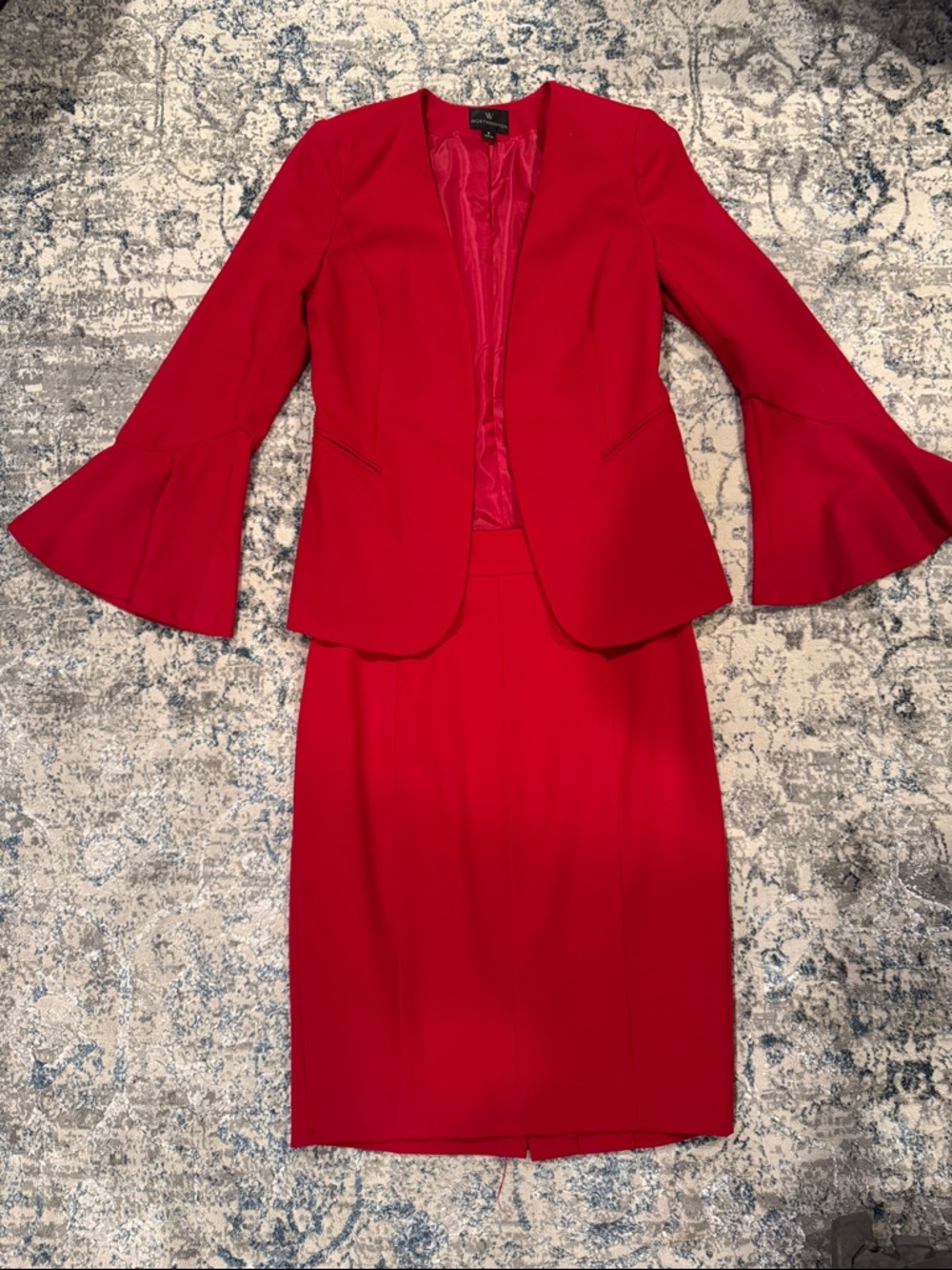 Bold Red Two-Piece Pencil Skirt Suit Blazer with Bell Sleeves Small Medium 6